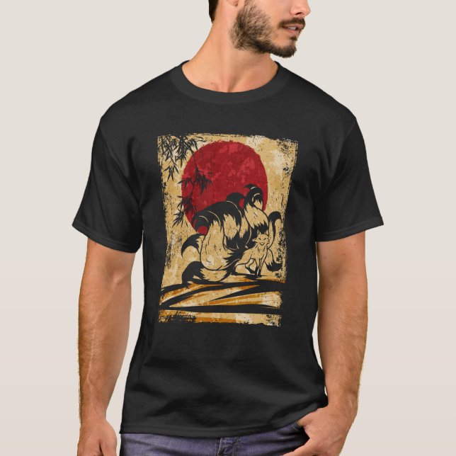 Nio Tails Fox Japansk Retro 2 T Shirt (Framsida)