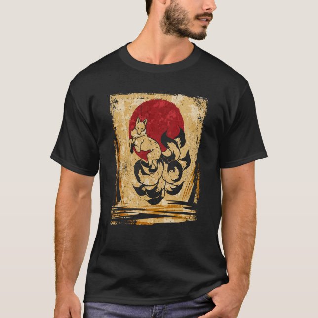 Nio Tails Fox Japansk Retro 4 T Shirt (Framsida)