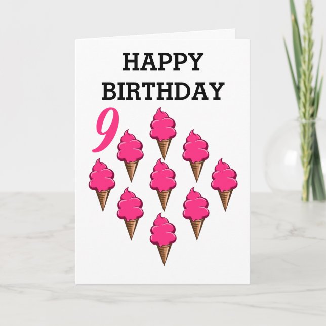 Nioåriga flickor Birthday Cute Rosa Ice Creams Kort (Framsida)