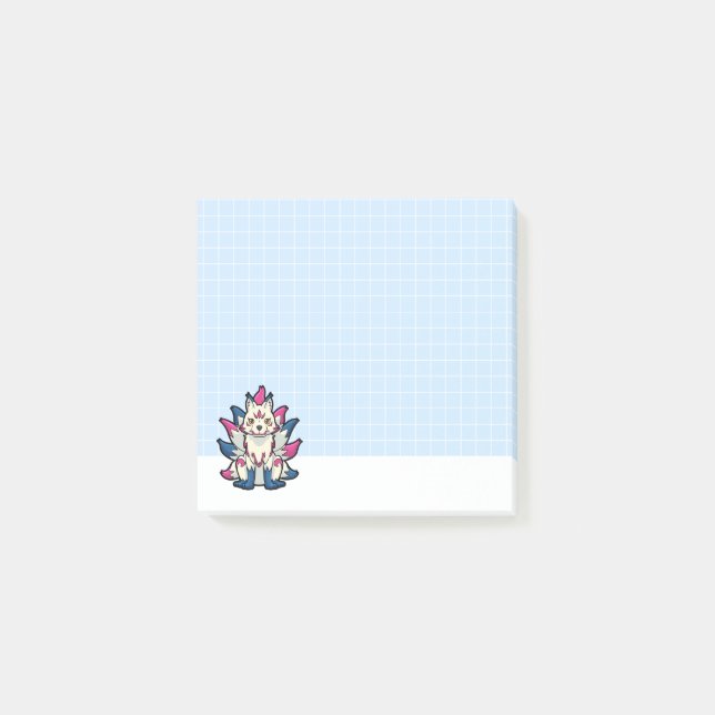 Niohudig Kitsune- Japansk Rävväsen Blå Grid Post-it Block (Framsida)