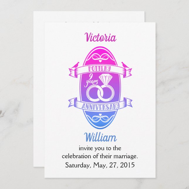 Nionde 9:e bröllopsdag traditionell keramik inbjudningar (Fram/baksida)