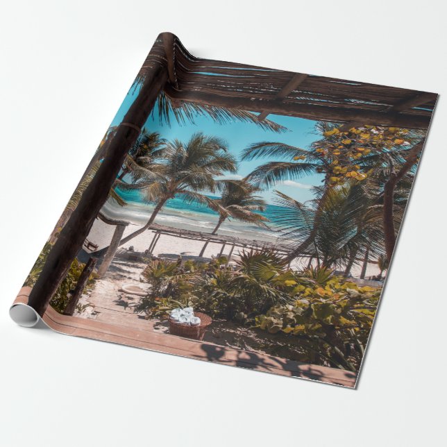 Nipa hut under kokokosnöt handflatan träd presentpapper (Utrullad)
