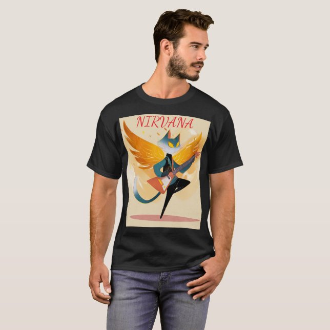 Nirvana Katt med Gitarr & Vingar – Herr T-Shirt De (Hel framsida)