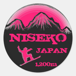 Niseko Japan rosa snowboard art souvenir-klistermä Runt Klistermärke