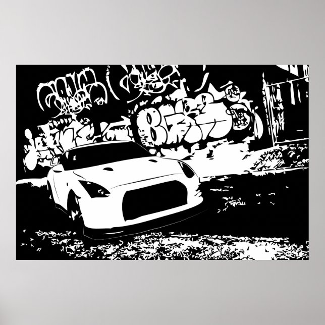 Nissan Skyline GTR med Graffiti Backdroppe Poster (Framsidan)