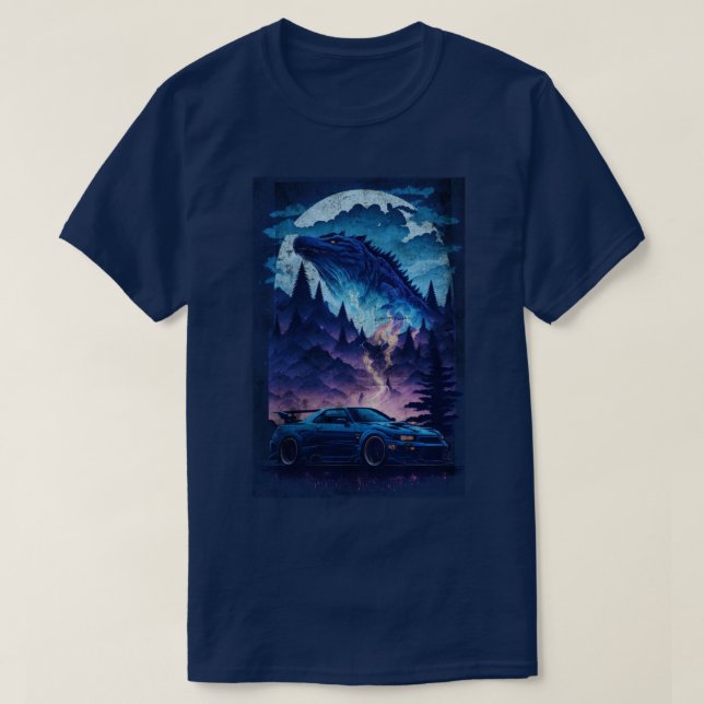 Nissan Skyline R34 Blue Godzilla Sports Car T Shirt (Design framsida)