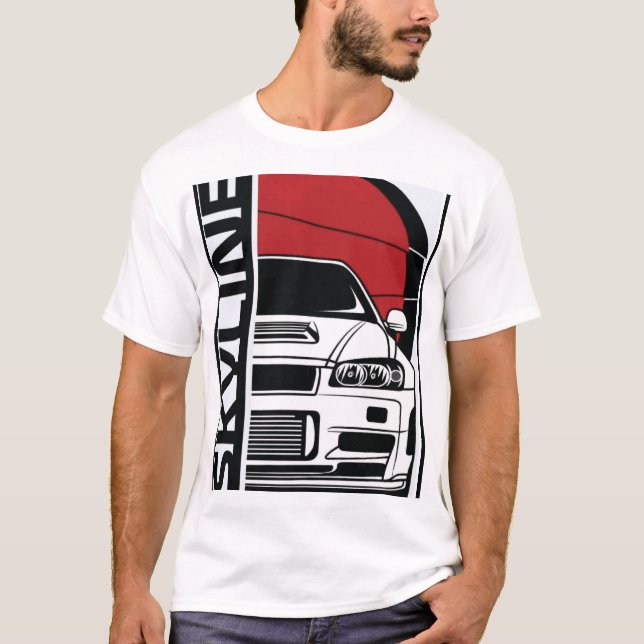 Nissan Skyline R34 GTR Front Silhouette & Japanese T Shirt (Framsida)