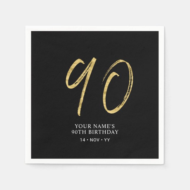 Nittio | Guld- och svart textning 90-årsdag Pappersservett (Framsidan)