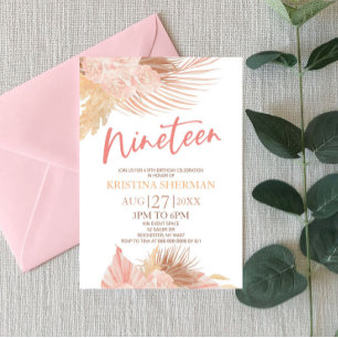 Nitton Boho Rosa Blommigt 19:e Födelsedagsfesten Inbjudningar