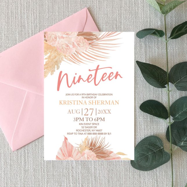 Nitton Boho Rosa Blommigt 19:e Födelsedagsfesten Inbjudningar (Skapare uppladdad)