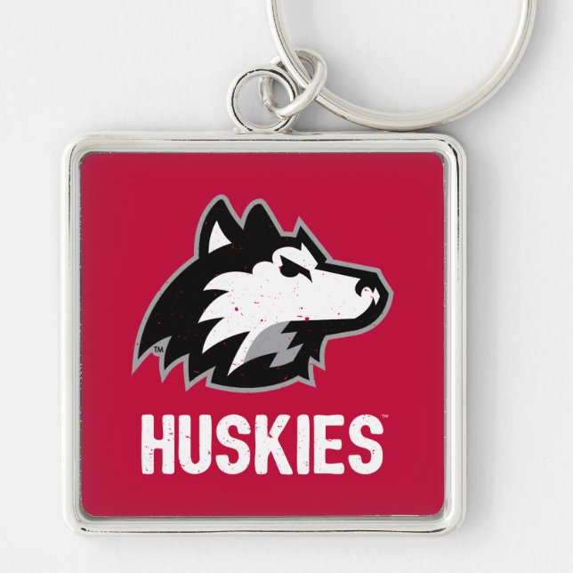 NIU Huskies Distress Fyrkantig Silverfärgad Nyckelring (Framsidan)