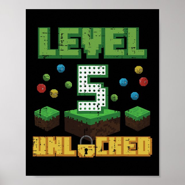 Nivå 5 Upplåst Pixel Gamer 5-årsdag Gaming B Poster (Framsidan)