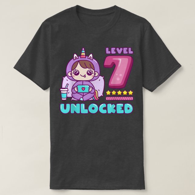 Nivå 7 olåst, Unicorn Gamer Girl Birthday 7 T Shirt (Design framsida)