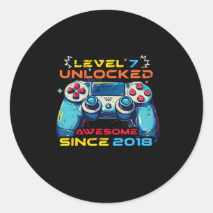 Nivå 7 Upplåst Gamer 7-års Födelsedags T-Shirt Poj Runt Klistermärke