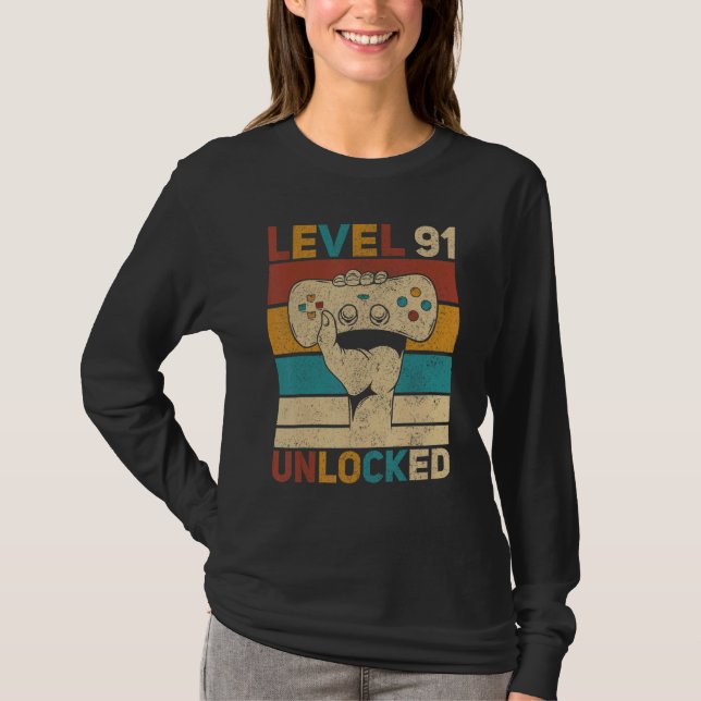 Nivå 91 Olåst 91:a födelsedag 91-årig gamer T Shirt (Framsida)