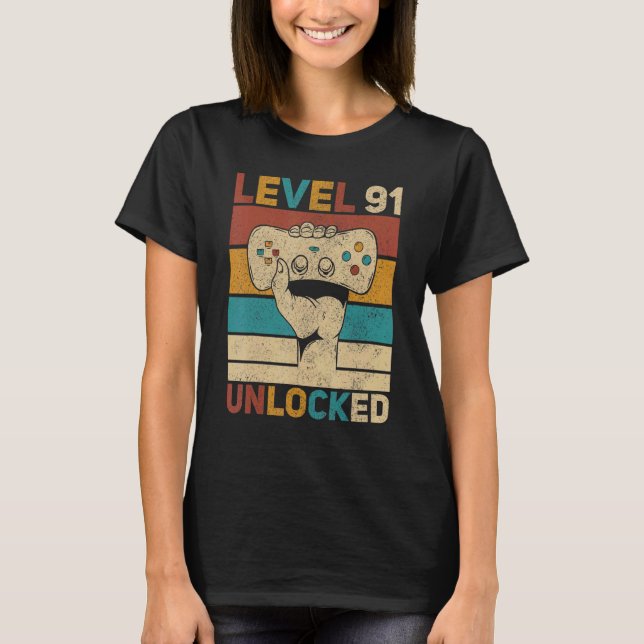 Nivå 91 Olåst 91:a födelsedag 91-årig gamer T Shirt (Framsida)
