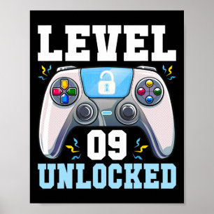 Nivå 9 Upplåst TV-spel 9-årsdag Spelande Pojke Poster
