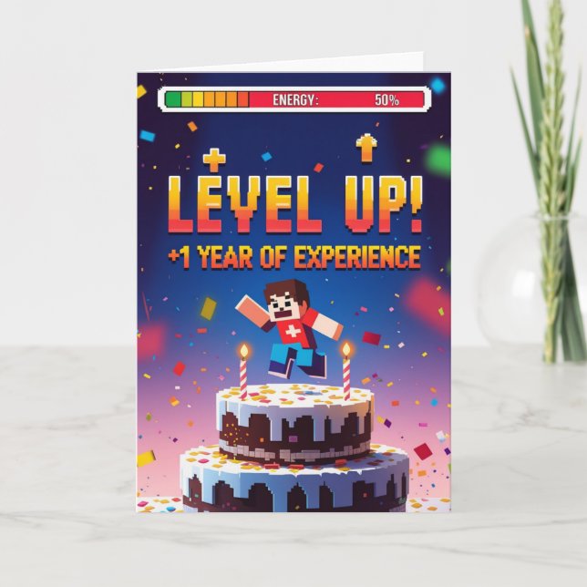 Nivå upp! +1 Årets upplevelseår Gamer Birthday Kort (Framsida)