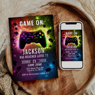 Nivå upp! Födelsedagsfesten Neon Video Game Inbjudningar