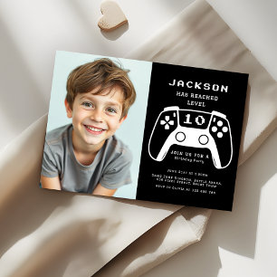 Nivå Upp Gamer Pojkar Svart Födelsedagsfest Foto Inbjudningar