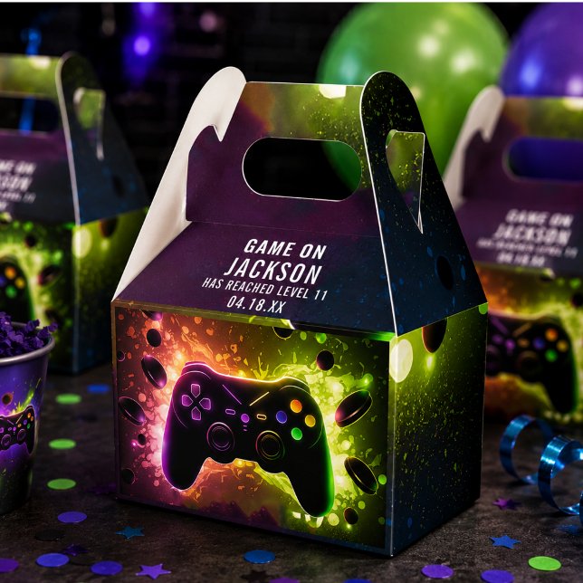 Nivå Upp! Neon Födelsedagsfest för Videospel Presentaskar (Level Up! Neon Video Game Birthday Party Favor Boxes)
