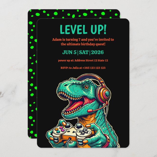 Nivå upp T-Rex Boy's Födelsedagsfest inbjudan (Fram/baksida)