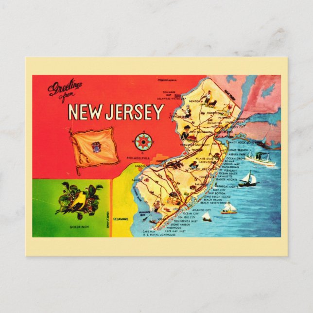 NJ Map of Beaches Bordered Postcard Vykort (Framsida)
