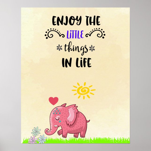 Njut av lite Sak Rosa Elephant Smelling Flowers Poster (Framsidan)