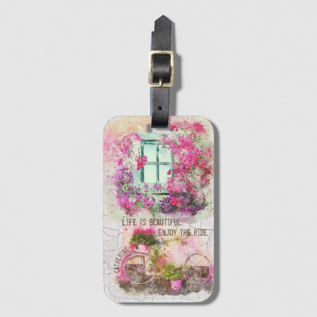 Njut av riden | Vattenfärgscykel med blommor Bagagebricka (Framsida vertikal)