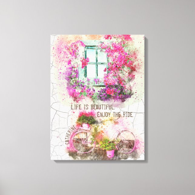Njut av riden | Vattenfärgscykel med blommor Canvastryck (Framsida)