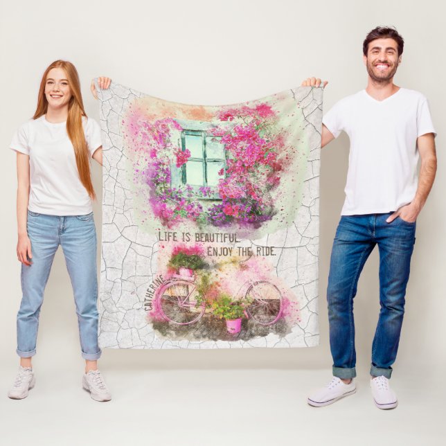 Njut av riden | Vattenfärgscykel med blommor Fleecefilt (På plats)