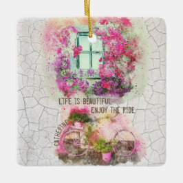 Njut av riden | Vattenfärgscykel med blommor Julgransprydnad Keramik