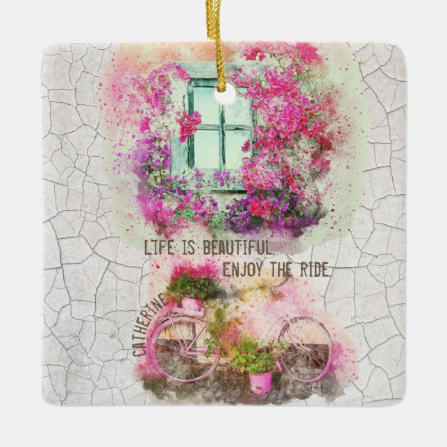 Njut av riden | Vattenfärgscykel med blommor Julgransprydnad Keramik (Framsida)