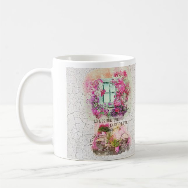 Njut av riden | Vattenfärgscykel med blommor Kaffemugg (Vänster)