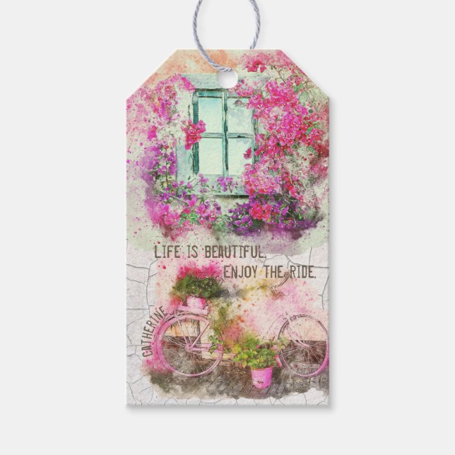 Njut av riden | Vattenfärgscykel med blommor Presentetikett (Framsidan)