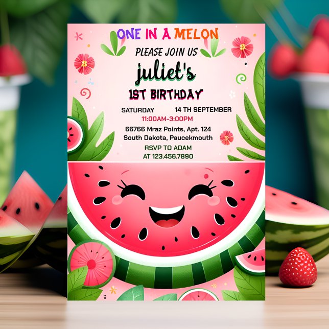 Njut rosa sommar ett i en melon första födelsedag inbjudningar (Skapare uppladdad)