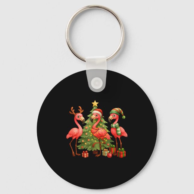 Nk Christmas Flamingos _ Cute Holiday Tree &amp; D Nyckelring (Framsida)