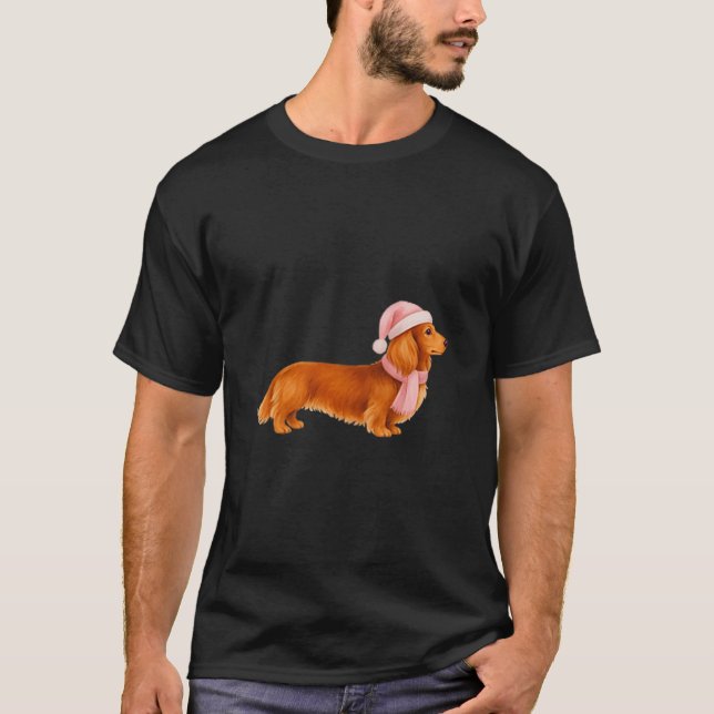 Nk Santa Red Long Haired Dachshund Christmas  T Shirt (Framsida)