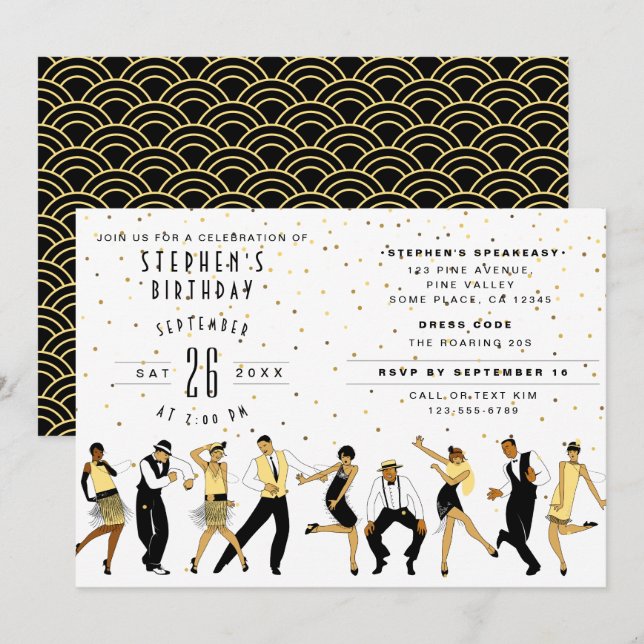 NO AGE Art Deco/Gatsby-fest/1920-tals Födelsedagsf Inbjudningar (Fram/baksida)