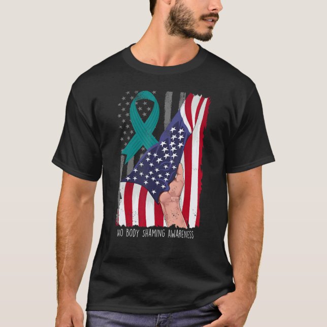No Body Shaming Shirt Awareness American Flag Teal T Shirt (Framsida)