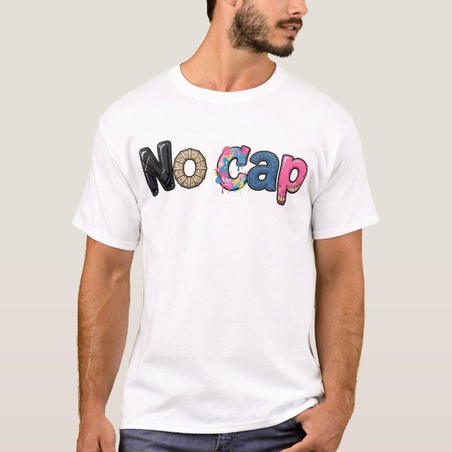 "No Cap" Blandad Stil Läder, Guld Smycken, Graffit T Shirt (Framsida)