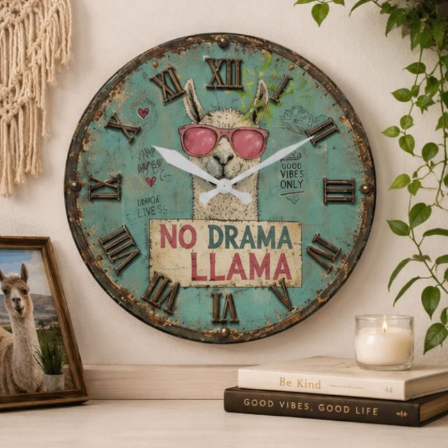No Drama Funny Llama Cute Boho Nursery Stor Klocka (Skapare uppladdad)