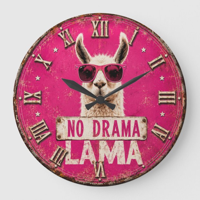 No Drama Llama Funny Pink Stor Klocka (Framsida)
