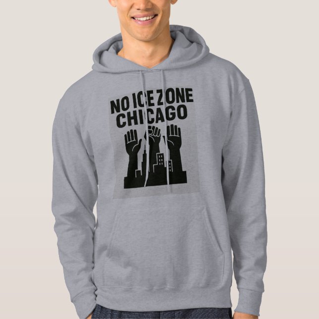 No ICE Zone Hoodie – Raised Fists Over Chicago Sky (Framsida)