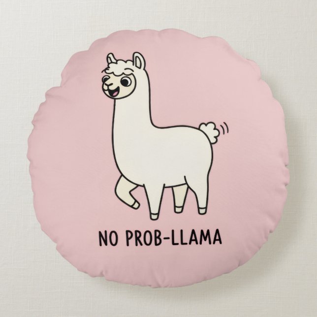 "No Prob-Llama" Cute Llama Doodle - Chill Vibe Rund Kudde (Framsidan)