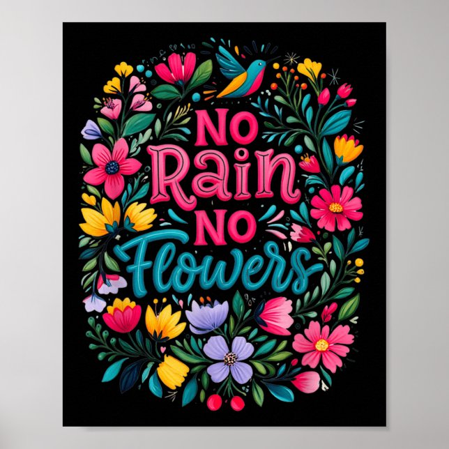 No Rain No Flowers Motivational Saying Wildflowers Poster (Framsidan)