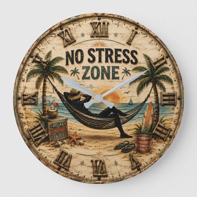 No Stress Zone Beach Coastal Farmhouse Stor Klocka (Framsida)