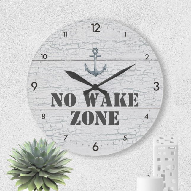No Wake Zon Crackled Wood + Anchor Nautical Stor Klocka (No Wake Zone ⏰ Crackled Wood Nautical Large Clock
)