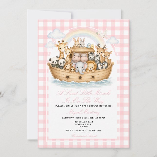Noa Ark Baby Shower Flickan Gingham Inbjudningar (Framsida)