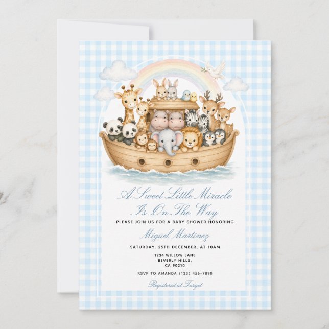 Noa Ark Baby Shower Inbjudan Pojke Rutig (Framsida)